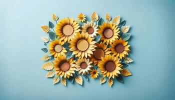 AI generated Paper cut art origami style of Sunflower with copy space for text green background photo