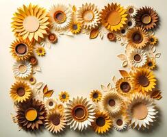 AI generated Paper cut art origami style of Sunflower with copy space for text green background photo