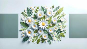 AI generated Paper Cut Daisies frame on a Pastel Background, Concept of Spring with copy space for text wreaths and monogram photo