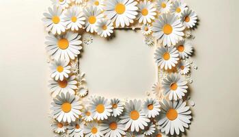 AI generated Paper Cut Daisies frame on a Pastel Background, Concept of Spring with copy space for text wreaths and monogram photo