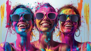 ai generado Tres joven mujer cubierto en vistoso pintar sonriente y vistiendo Gafas de sol. holi concepto foto