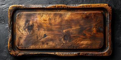 AI generated Old wooden cutting board on black background. Top view. Copy space. photo