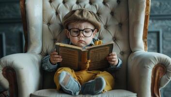 ai generado curioso joven chico leyendo Clásico libro mientras sentado en acogedor sillón. concepto de infancia imaginación, educación, y intelectual desarrollo foto