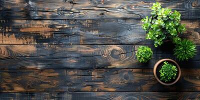 AI generated Top view of green plants in pots on rustic wooden background. photo