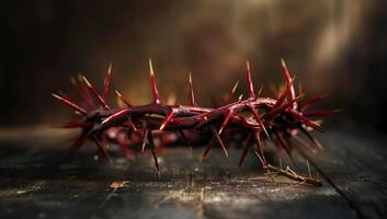 AI generated Red crown of thorns on a wooden background. Symbol of Jesus Christ. photo