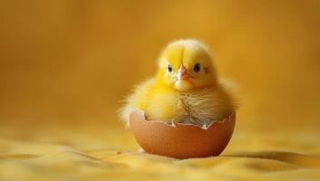 ai generado pequeño amarillo pollo en cáscara de huevo en amarillo fondo, Pascua de Resurrección concepto foto