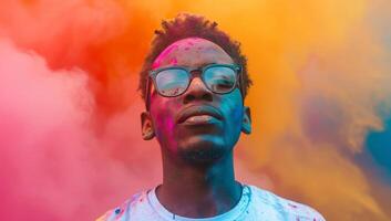 AI generated Portrait of young african american man with face covered in colored powder photo