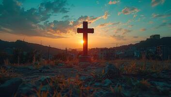 AI generated An old rugged wooden cross stands on a hill at sunset with a beautiful sky full of clouds in the background. The cross is a symbol of Christianity and the resurrection of Jesus Christ. photo