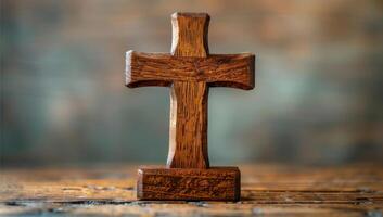 AI generated wooden cross on old wooden background, christianity religion concept photo