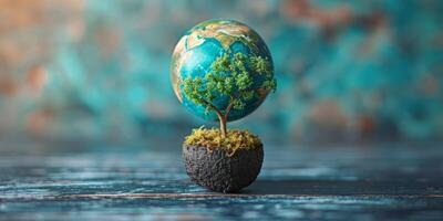 AI generated Miniature tree growing from globe symbolizing environmental conservation and sustainability. Save the Earth concept. photo