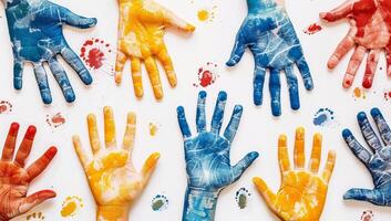 AI generated Top view of colorful hand prints on white background. Art concept. photo