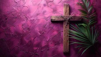 AI generated Wooden cross with palm leaf on grunge pink background. Copy space photo