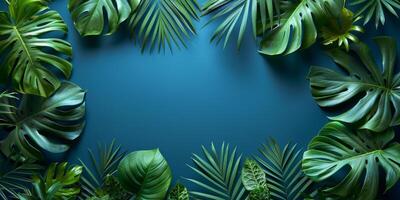 AI generated Tropical leaves elegantly frame a serene blue space photo