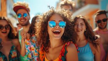 AI generated Group of young people having fun on the beach. Friends having fun on summer vacation. photo