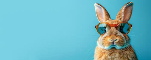 ai generado gracioso Conejo vistiendo Gafas de sol en azul fondo, caprichoso animal retrato. Pascua de Resurrección concepto. foto