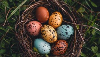 AI generated Colorful speckled bird eggs nestled in a cozy nest, symbolizing new life and springtime. Concept of nature, fertility, and rebirth photo