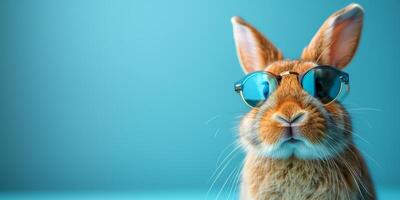 AI generated Portrait of a red rabbit with sunglasses on a blue background. photo
