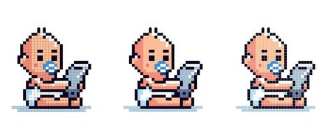 vector pixel art icon of a baby with a pacifier playing with a phone on a white background