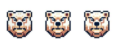 Vector pixel icon with a portrait of a brown bear that is angry and growls on a white background