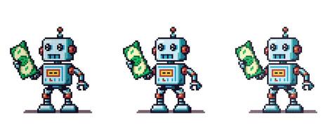 vector pixel icon with a robot holding dollar money in his hand on a white background