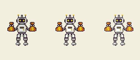 vector pixel icon with a robot holding gold in his hands on a white background