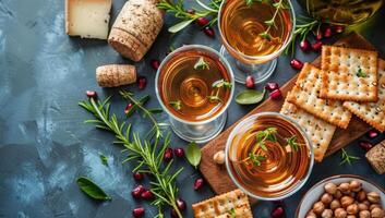 AI generated Black tea with pomegranate seeds, herbs and crackers on blue stone background. Top view, copy space. photo