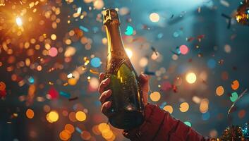 AI generated Celebration, New Year and holidays concept - close up of champagne bottle in hand photo