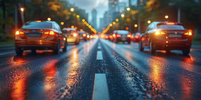 ai generado iluminado ciudad tráfico en un lluvioso noche foto