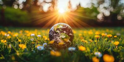 ai generado cerca arriba de planeta tierra sentado en un lozano verde campo de césped y flores con un calentar puesta de sol en el antecedentes. tierra día concepto foto