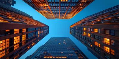 AI generated skyscrapers create a stunning urban canyon view at dusk photo