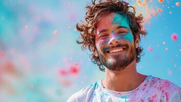 AI generated Portrait of a young man covered with colored powder against blue sky photo