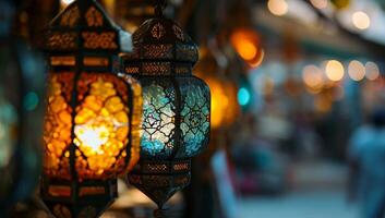 AI generated Illuminated lanterns adorn a bustling street at dusk. photo