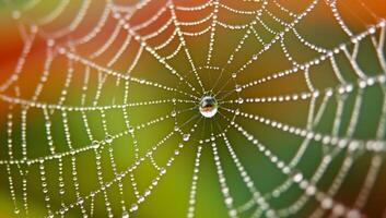 AI generated Intricate spider web with dew drops glistening in morning light. Delicate geometric pattern of silky threads woven by arachnid. Concept of natures artistry and insect architecture. photo