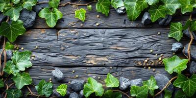 AI generated Green ivy on black wooden background with space for text photo