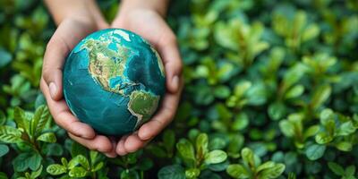 ai generado mano participación tierra globo en naturaleza antecedentes. salvar el tierra concepto. foto