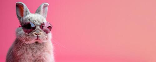 AI generated Stylish bunny wearing sunglasses on pink background. Funny portrait of cool feline fashion model with trendy sunglasses. Concept of pet lifestyle, humor, and animal personality. photo