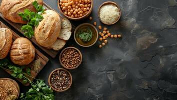 AI generated Assortment of healthy plant based protein sources on rustic background. Bread, grains, and greens for vegan or vegetarian diet. Concept of natural, sustainable, and nutritious eating. photo