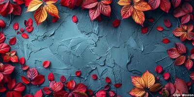 AI generated Autumn background. Red leaves on blue textured background with copy space photo