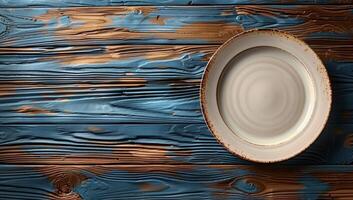 AI generated Empty plate on a blue wooden background. Top view. Copy space. photo