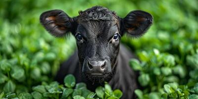 AI generated Portrait of a black calf in the green grass. Close-up. photo