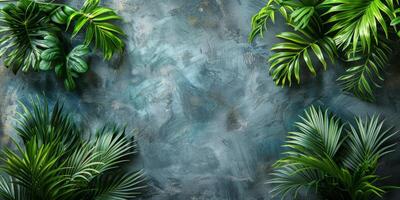 AI generated Tropical background with palm leaves. Flat lay, top view. photo