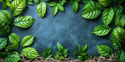 AI generated Green leaves on dark blue background. Top view with copy space. photo