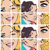 Bright comic strips with lovers kissing pop art style illustration design smiling woman expression vector