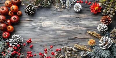 AI generated Christmas decoration on old wooden background. Top view with copy space. photo