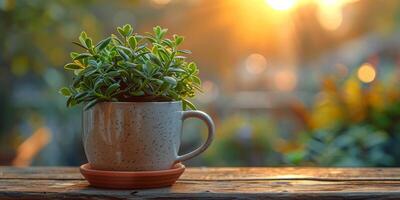 AI generated Green plant in ceramic pot on wooden table with bokeh background photo
