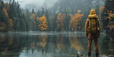 ai generado hombre en un amarillo impermeable soportes en el banco de un montaña lago en otoño. foto