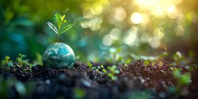 AI generated Green sprout growing from seed with earth globe. Environment conservation concept. photo