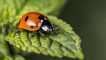 ai generado vibrante mariquita en verde hoja macro fotografía. de cerca de naranja mariquita escarabajo en texturizado planta follaje. concepto de naturaleza, insectos, jardinería. foto