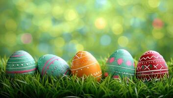 AI generated Colorful Easter eggs decorated with patterns on green grass. Spring holiday celebration concept. photo