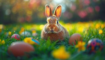 ai generado Pascua de Resurrección conejito Conejo rodeado por vistoso huevos en floreciente prado. primavera fiesta celebracion con linda peludo animal en vibrante flor campo. foto